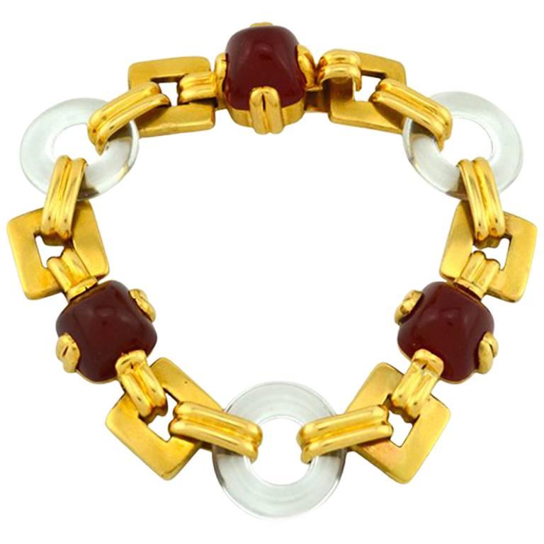 Retro Carnelian Rock Crystal Gold Link Bracelet For Sale