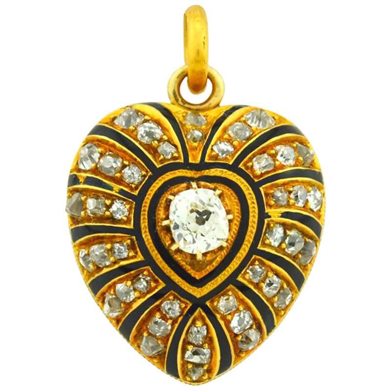 Victorian Enamel Heart Locket with Old Mine Cut Diamonds For Sale