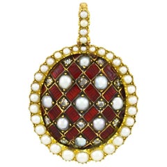 Victorian Gold and Red Enamel Pendant with Rose Cut Diamonds and Pearls 5