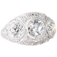 Art Deco Three-Diamond Platinum Bombe Ring