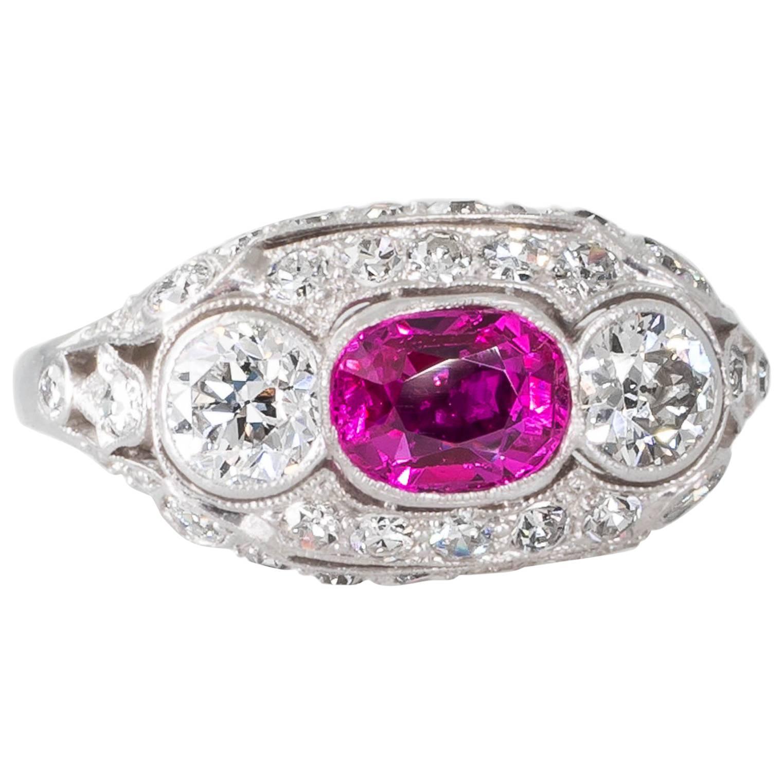 Art Deco Unheated Burmese Ruby Diamond Platinum Ring