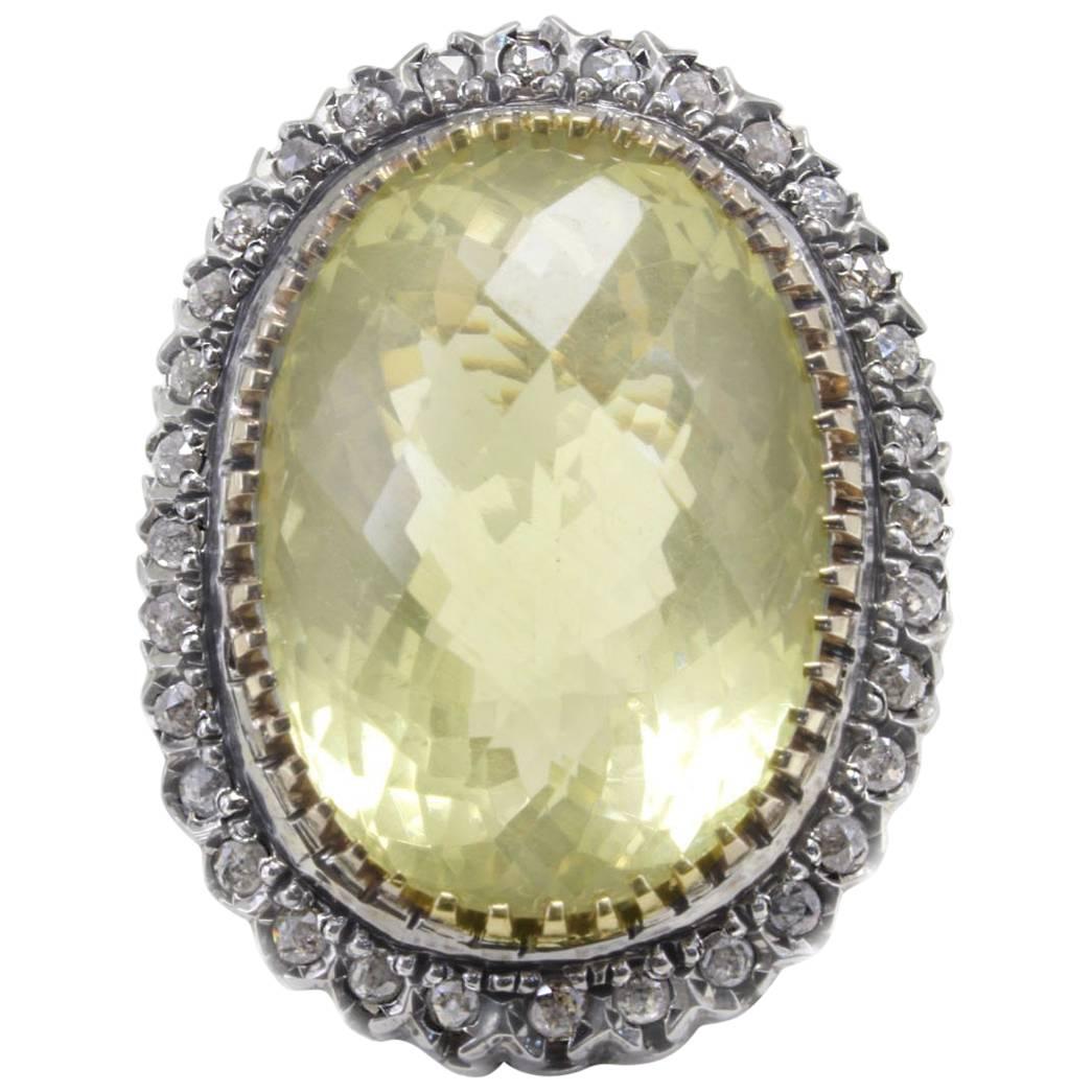 ct 31 Oval Lemon Citrine and ct 1, 23 diamonds Silver Rose Gold Ring