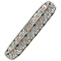 Art Deco Diamond Coral Onyx Platinum Bracelet