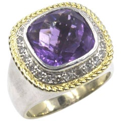 Modern Diamond Amethyst Two-Color Gold Ring