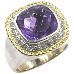 Modern Diamond Amethyst Two-Color Gold Ring 2