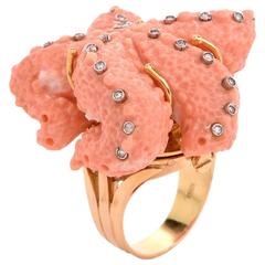 Coral Diamond Yellow Gold Star Fish Cocktail Ring