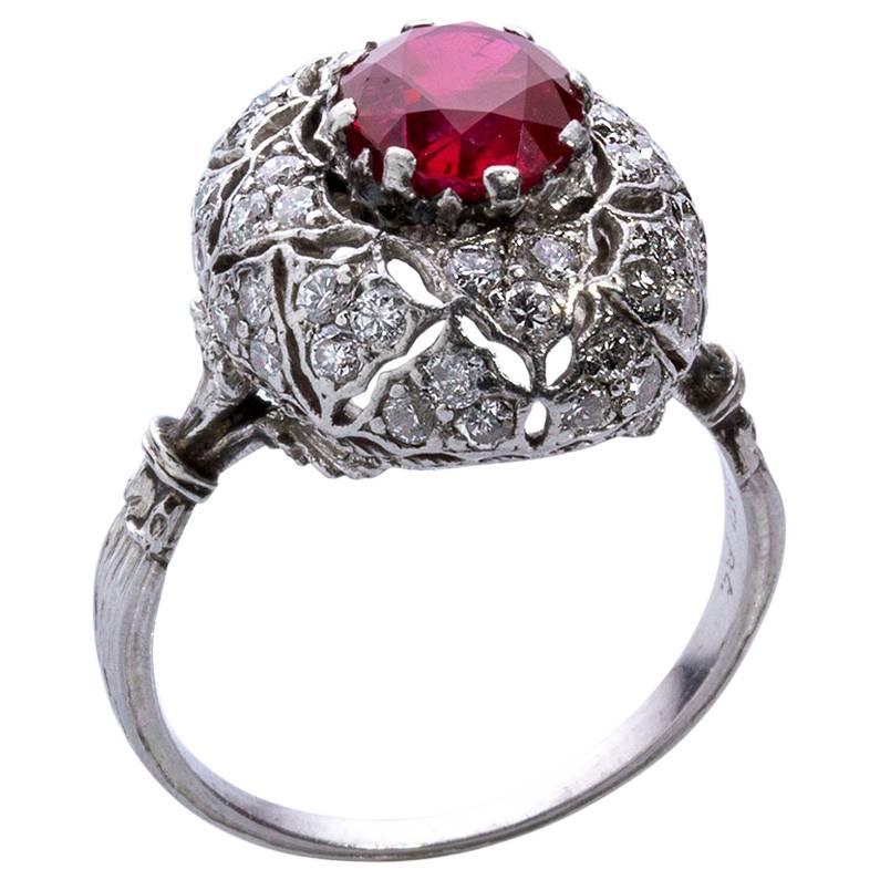 Mario Buccellati Red Ruby and Diamonds Platinum Cluster Ring For Sale