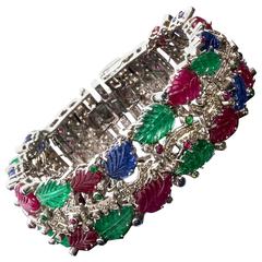 Giansanti, Rome - Floral Ruby Emerald, Blue Sapphire, Diamond Gold Bracelet