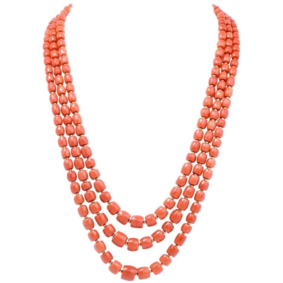 Triple Strand Red Natural Coral Gold Beads Necklace For Sale