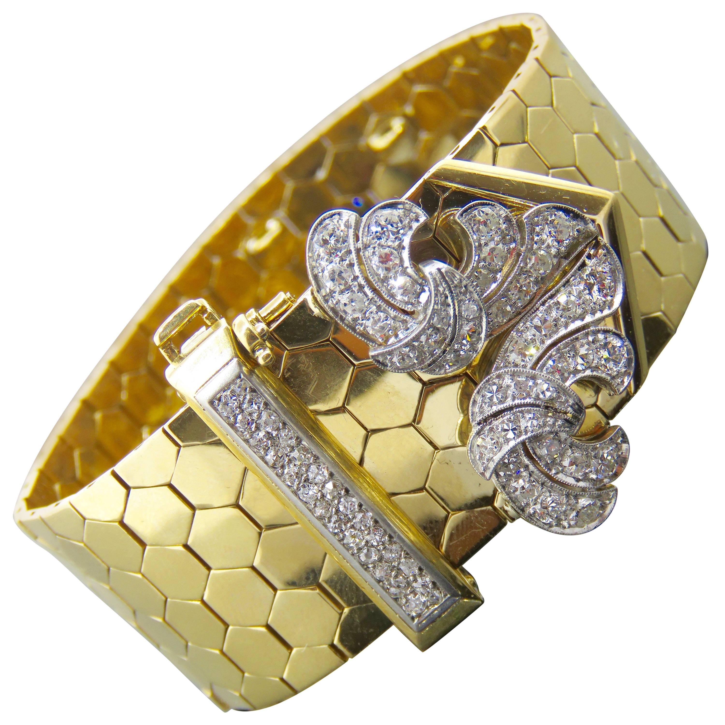 Retro Van Cleef & Arpels Diamond Gold  Buckle Bracelet