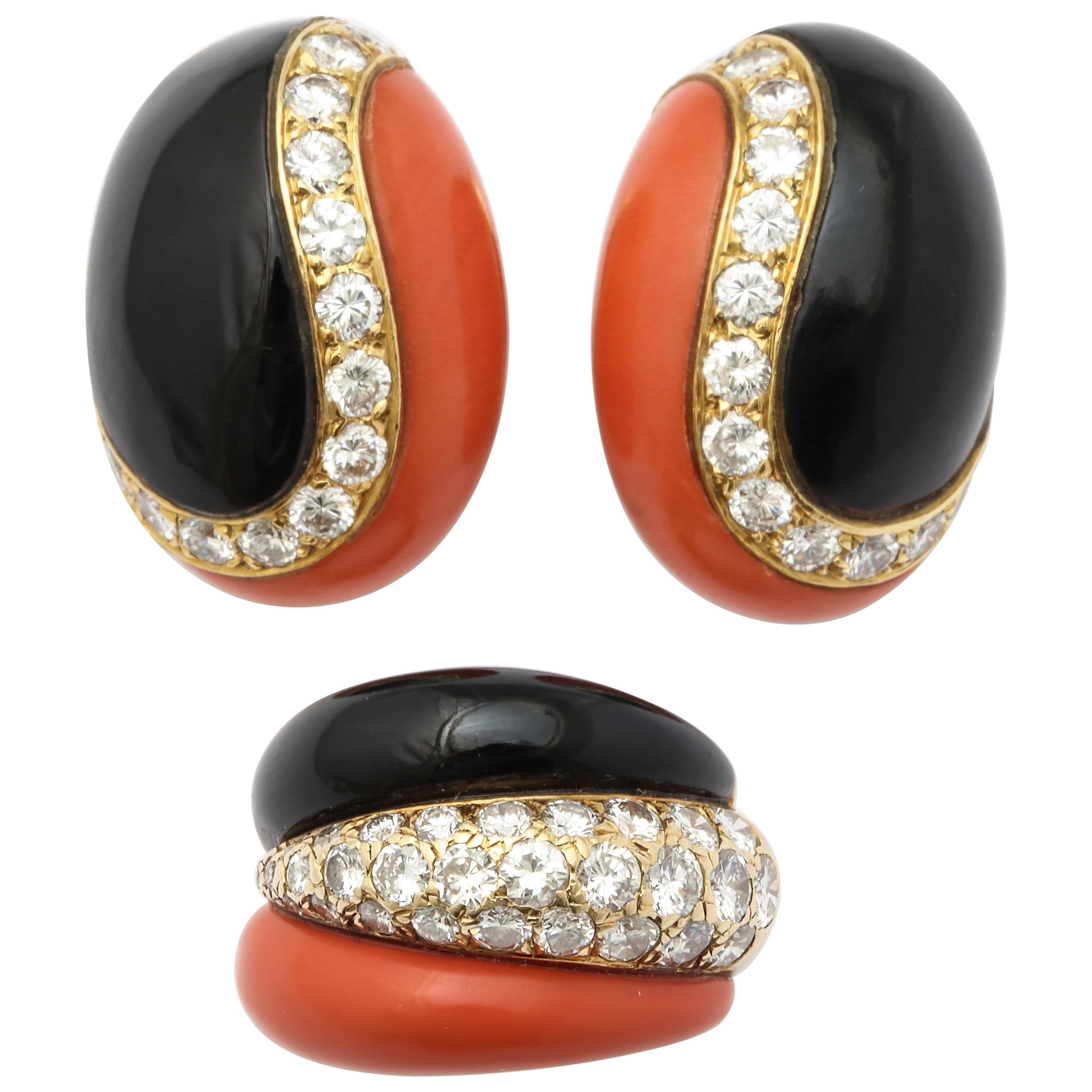 Vintage Van Cleef & Arpels Paris Coral Onyx Diamond Earrings and Ring