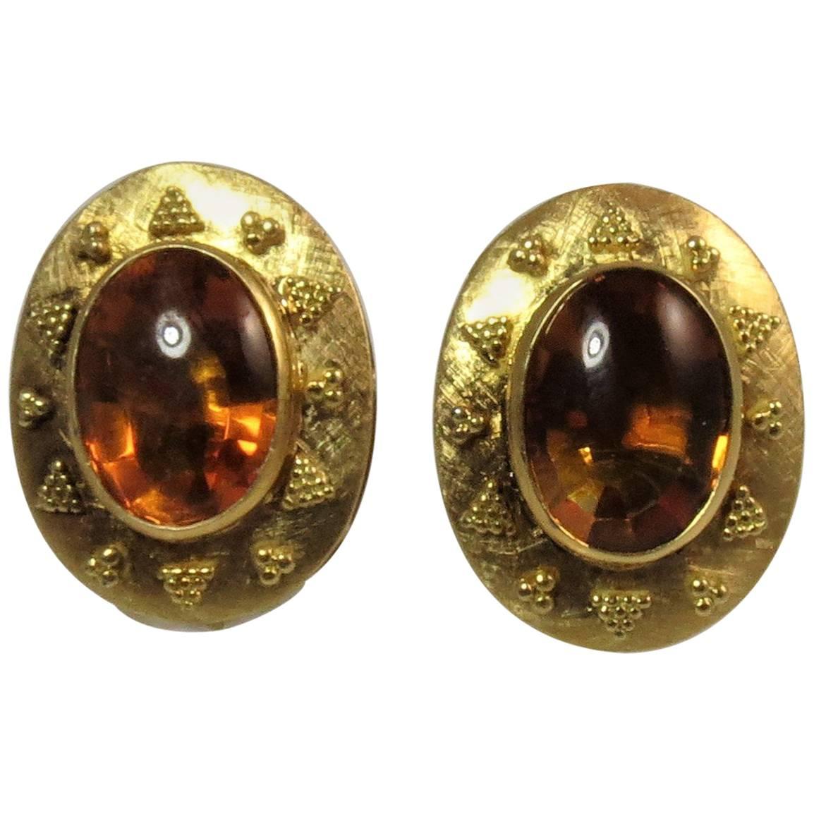 Oval Cabochon Citrine Yellow Gold Ear Clips For Sale
