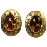 Oval Cabochon Citrine Yellow Gold Ear Clips