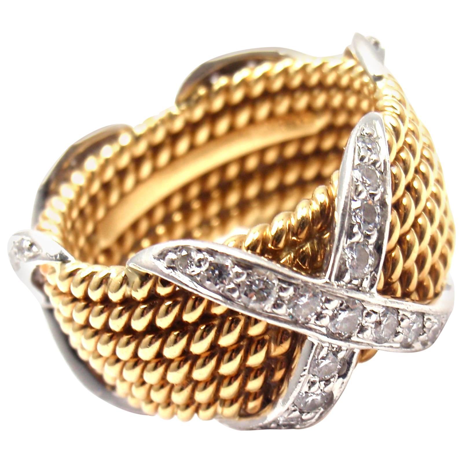 Tiffany & Co. Jean Schlumberger Diamond Six-Row Yellow Gold Platinum X Ring