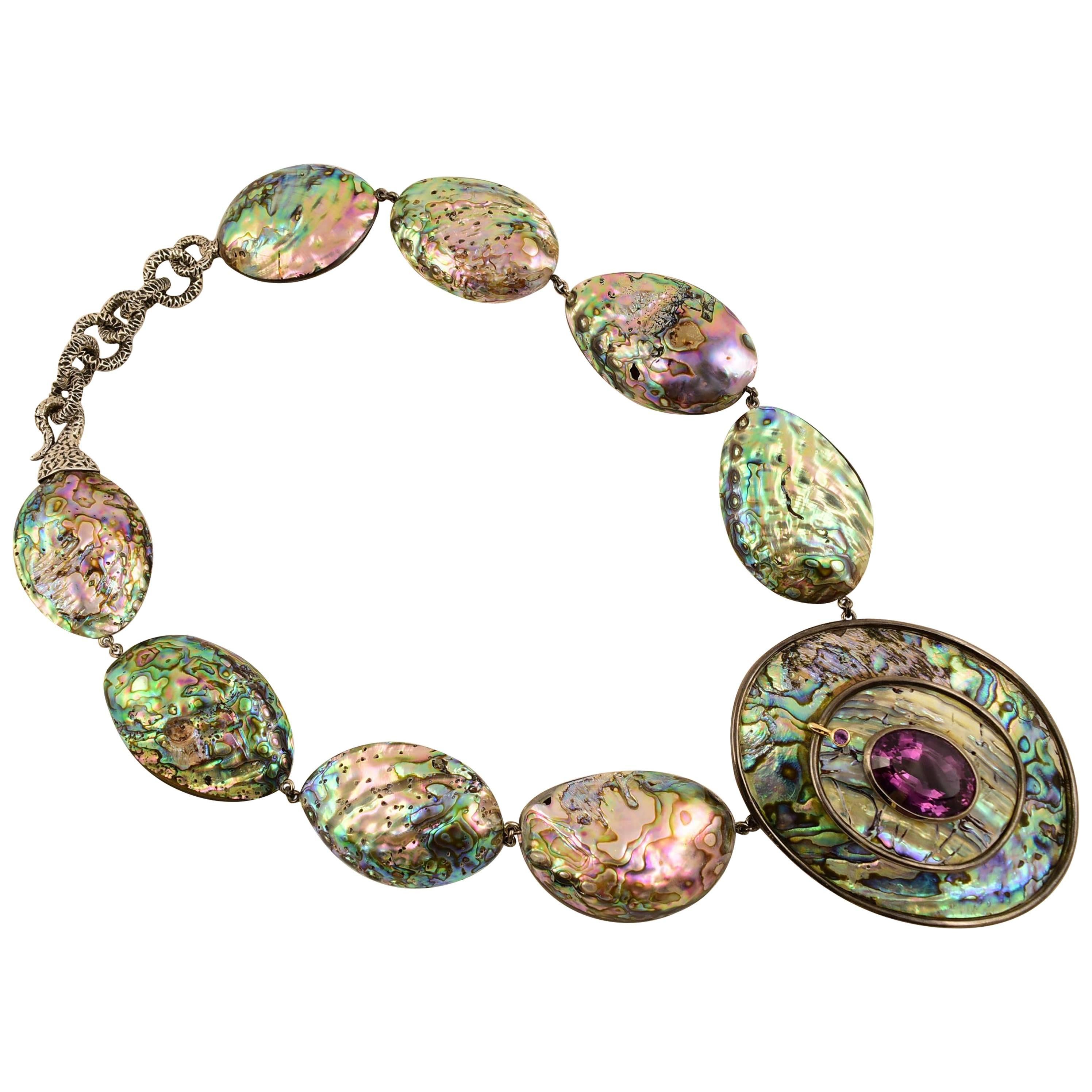 Tony Duquette Abalone 55 Carat Amethyst Silver and Gold Statement Necklace