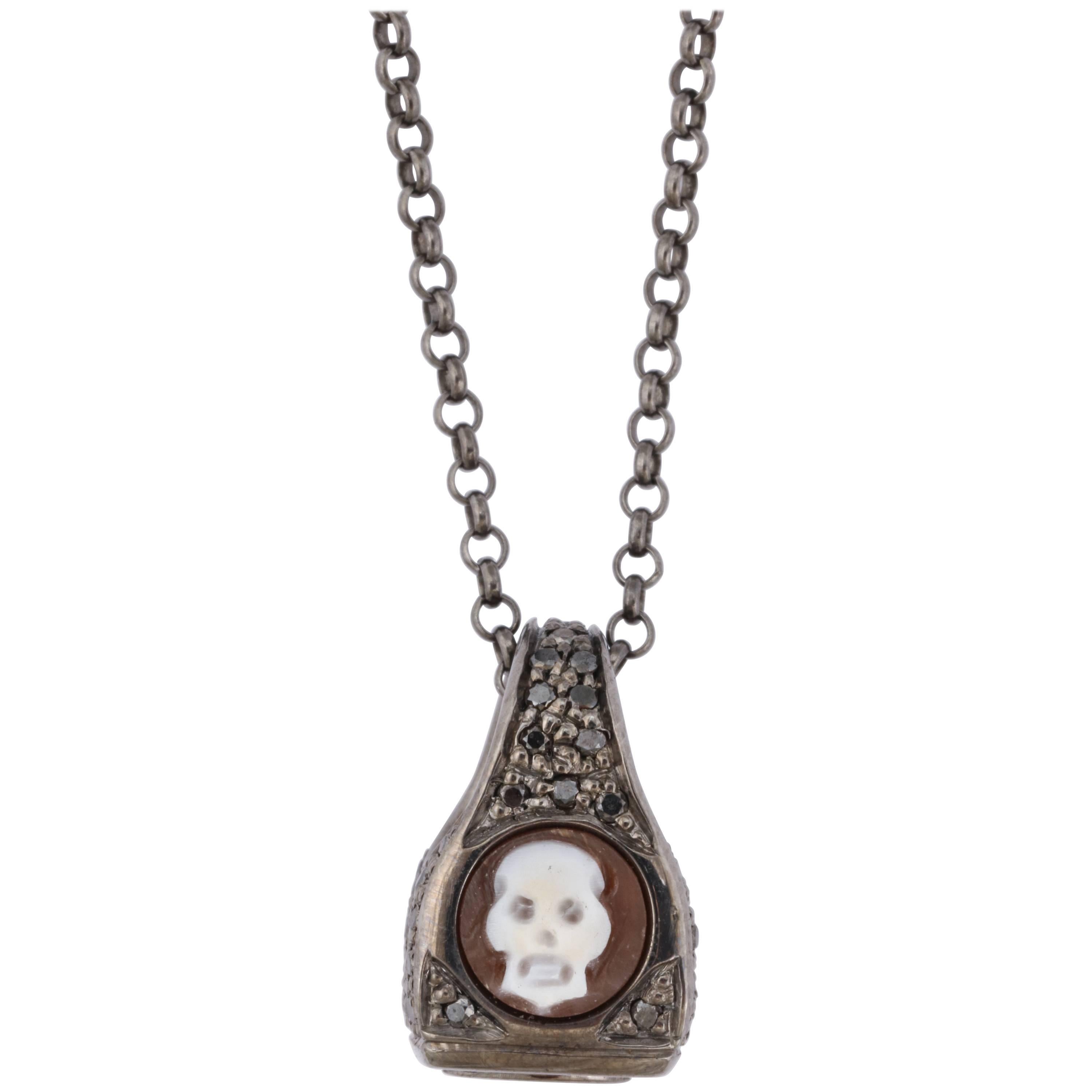 Amedeo Cameo Black Diamonds Miniature Skull Necklace For Sale