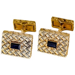 French Sapphire and Gold Basketweave Design Cufflinks