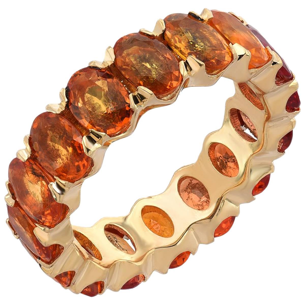 Boorma 18 Karat Yellow Gold 9.28 Carat Orange Sapphire Oval Eternity Band 