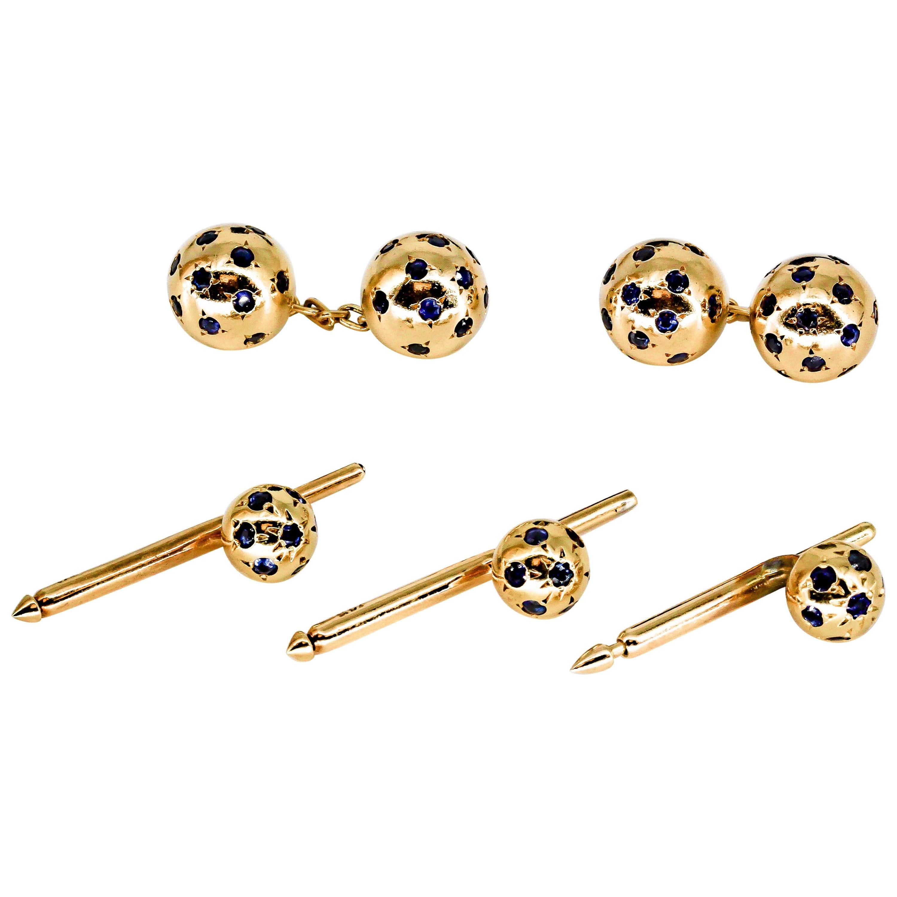 Van Cleef & Arpels Sapphire and Gold Ball Cufflink and Stud Set