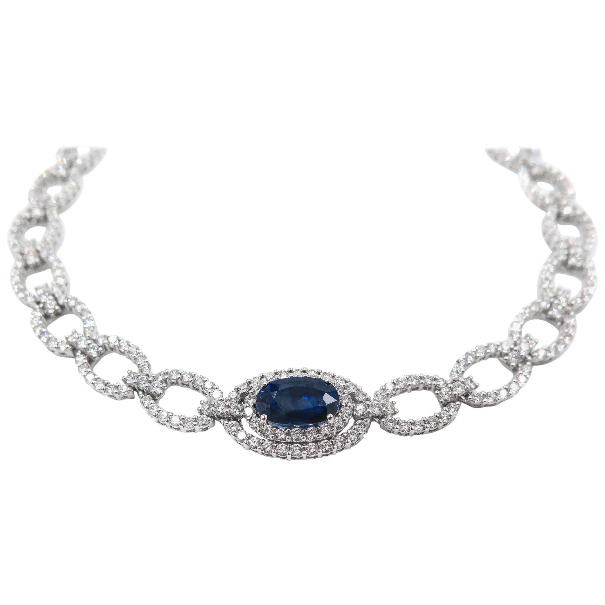 Oval Sapphire Diamond White Gold Necklace