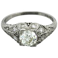 1920s Art Deco .96 Carat Old Cut Diamond Solid Platinum Engagement Ring