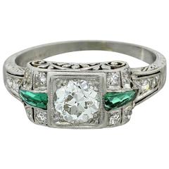1920s Art Deco .82 Carat EGL Old Diamond Emerald Platinum Engagement Ring