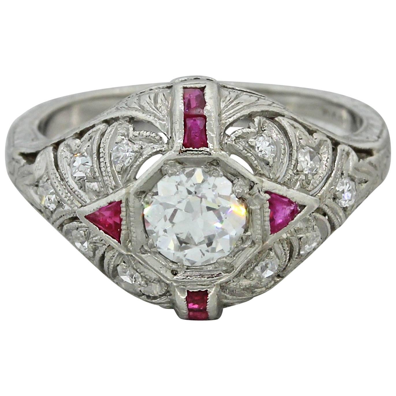 1920s Art Deco .59 Carat Old Cut Diamond Ruby Platinum Engagement Ring EGL For Sale