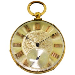 M.J. Tobias 18 Karat Yellow Gold Keywind Pocket Watch Engraved Case and Dial