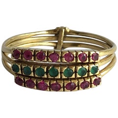 Emerald Ruby Vintage Jewelry Gemstone Rings Gold Harem Ring Trio Trinity Band