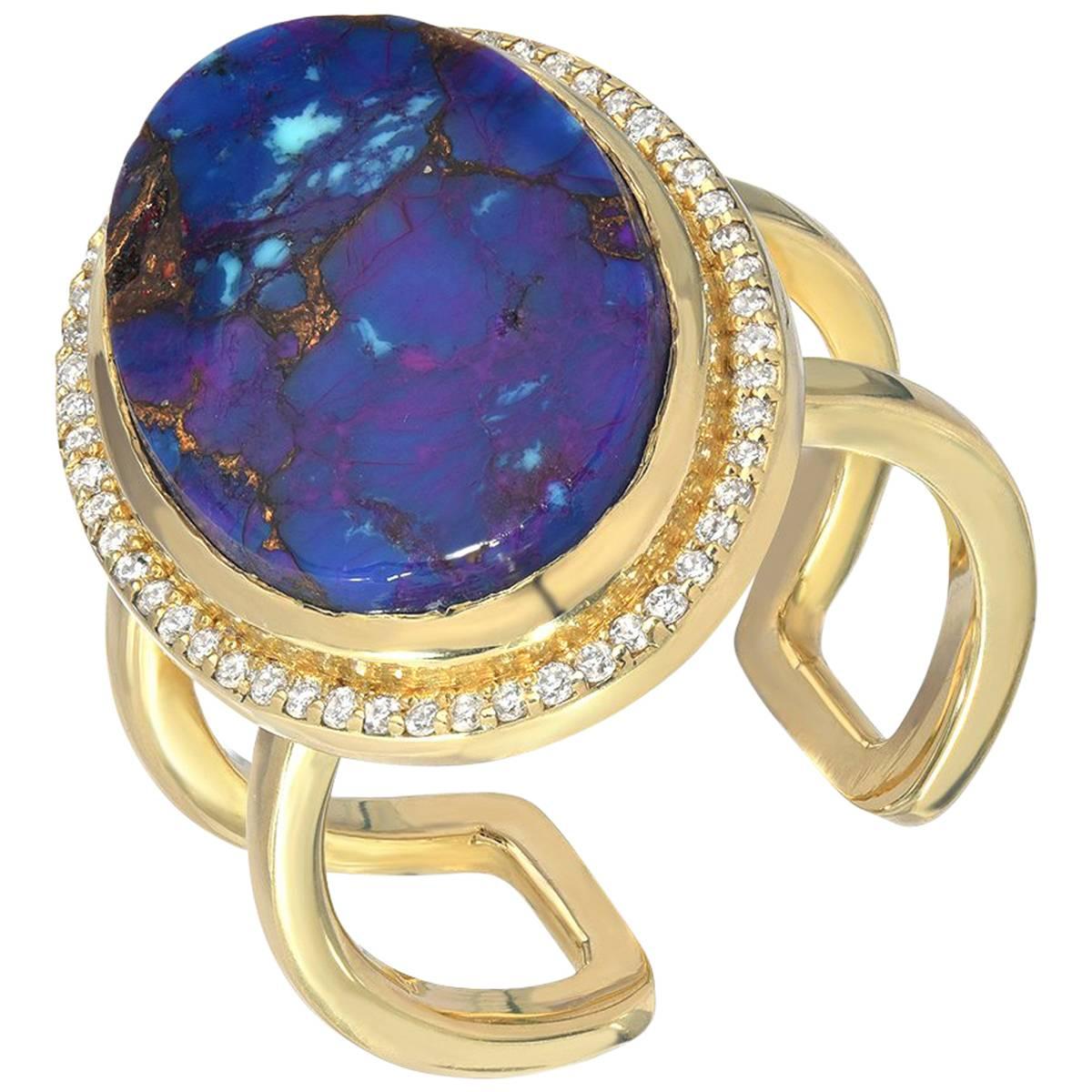 Boorma 18 Karat Yellow Gold Blue Turquoise and Pave Diamond Ring For Sale