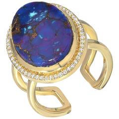 Boorma 18 Karat Yellow Gold Blue Turquoise and Pave Diamond Ring
