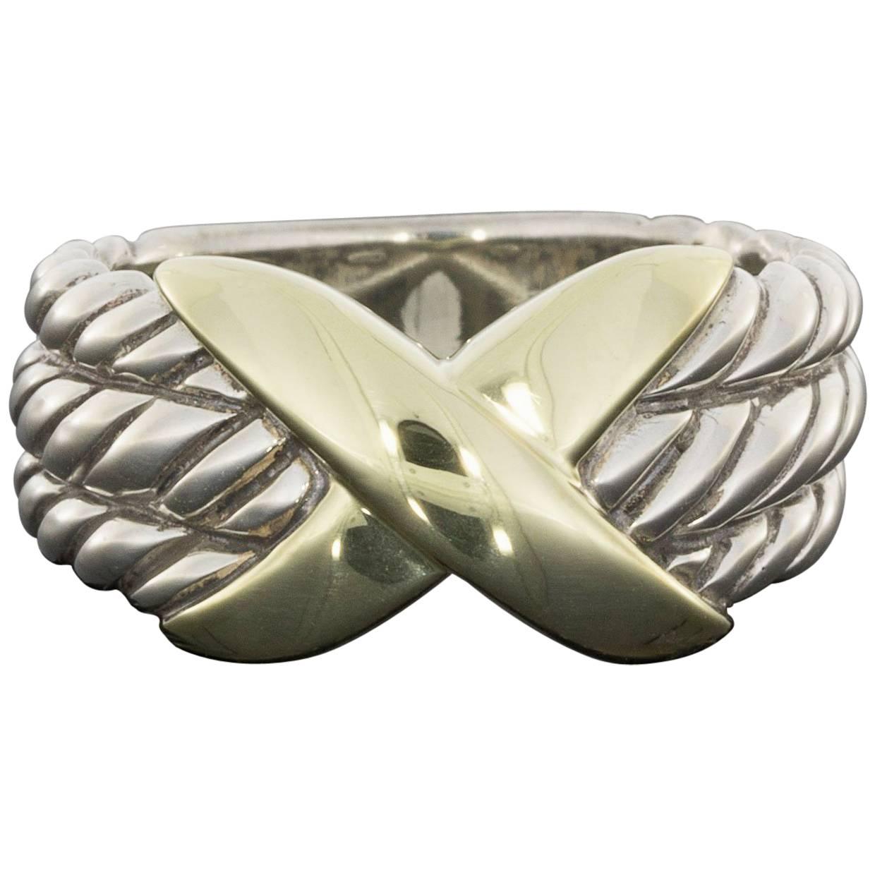 David Yurman Silver and Gold Triple Row X Crossover Band Ring