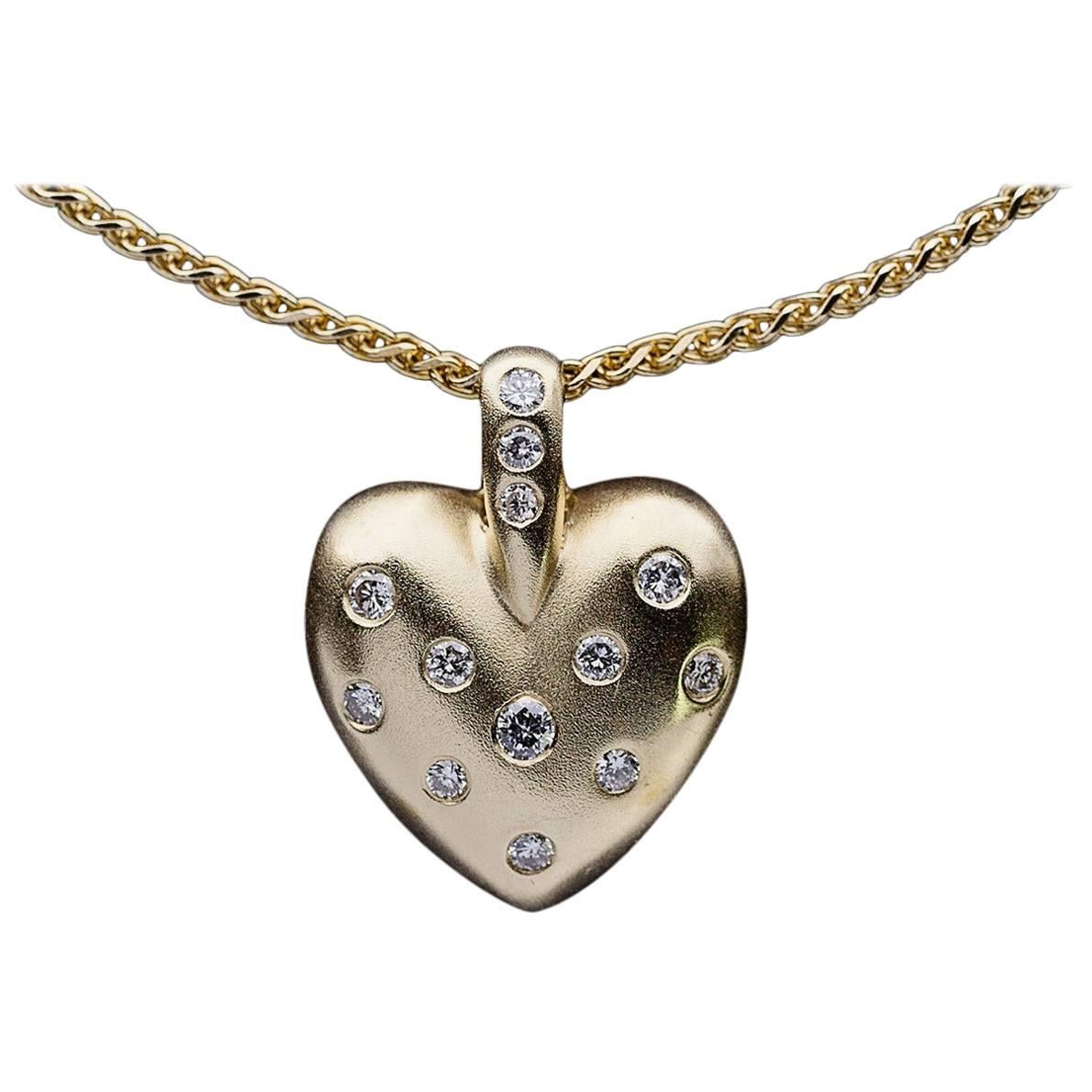 Brushed Yellow Gold Flush Set Diamond Heart Pendant Necklace