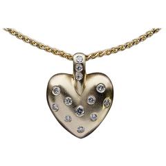 Brushed Yellow Gold Flush Set Diamond Heart Pendant Necklace