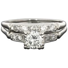 Vintage Round Brilliant Diamond Platinum Engagement Ring and Wedding Band Set