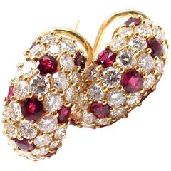 Vintage Tiffany & Co. Diamond Ruby Yellow Gold Hoop Earrings