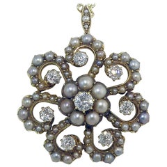 Antique Old Cut Diamond and Pearl Pendant, Victorian Circa 1890s