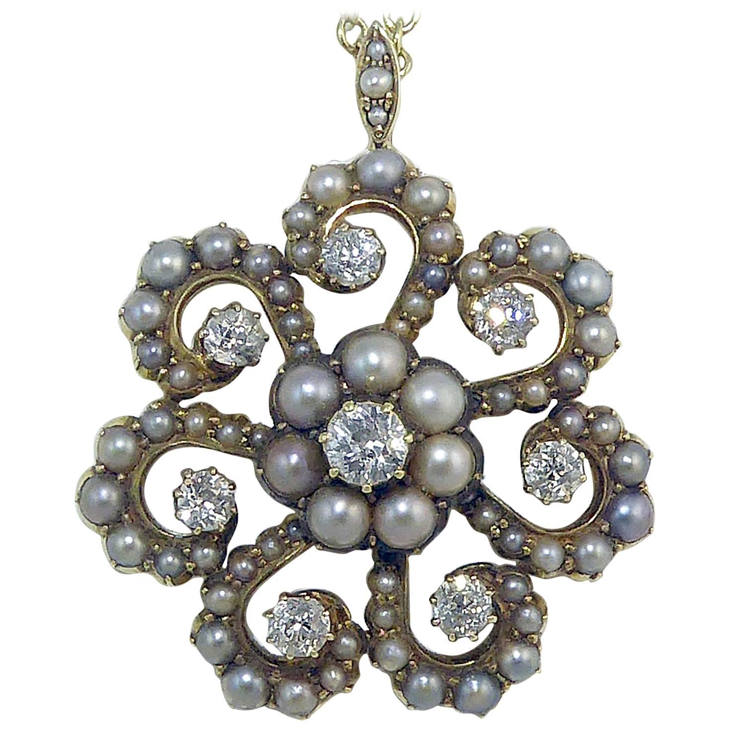 Antique Old Cut Diamond and Pearl Pendant, Victorian circa 1890s For Sale