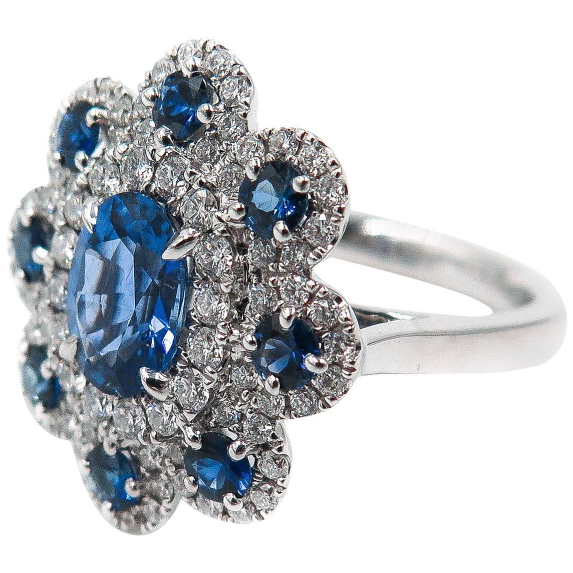 Sapphire Diamond Flower white gold Ring