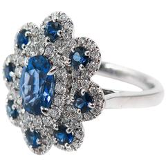 Sapphire Diamond Flower white gold Ring 4