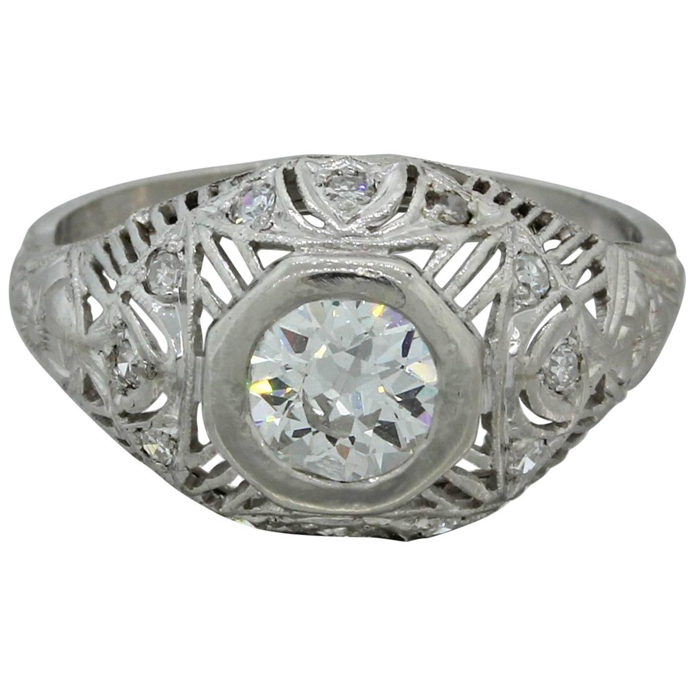 1920s Art Deco .73 Carat Old Cut Diamond Platinum Dome Engagement Ring EGL For Sale