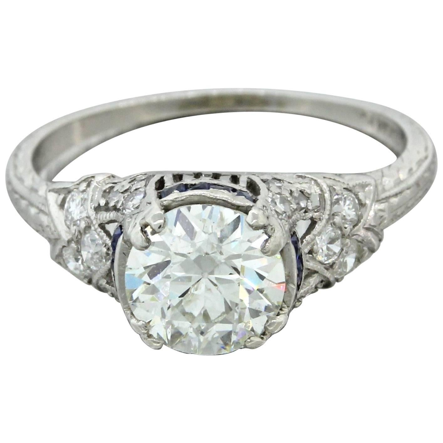 1920s Art Deco 1.46 Carat Diamond Sapphire Platinum Engagement Ring EGL For Sale