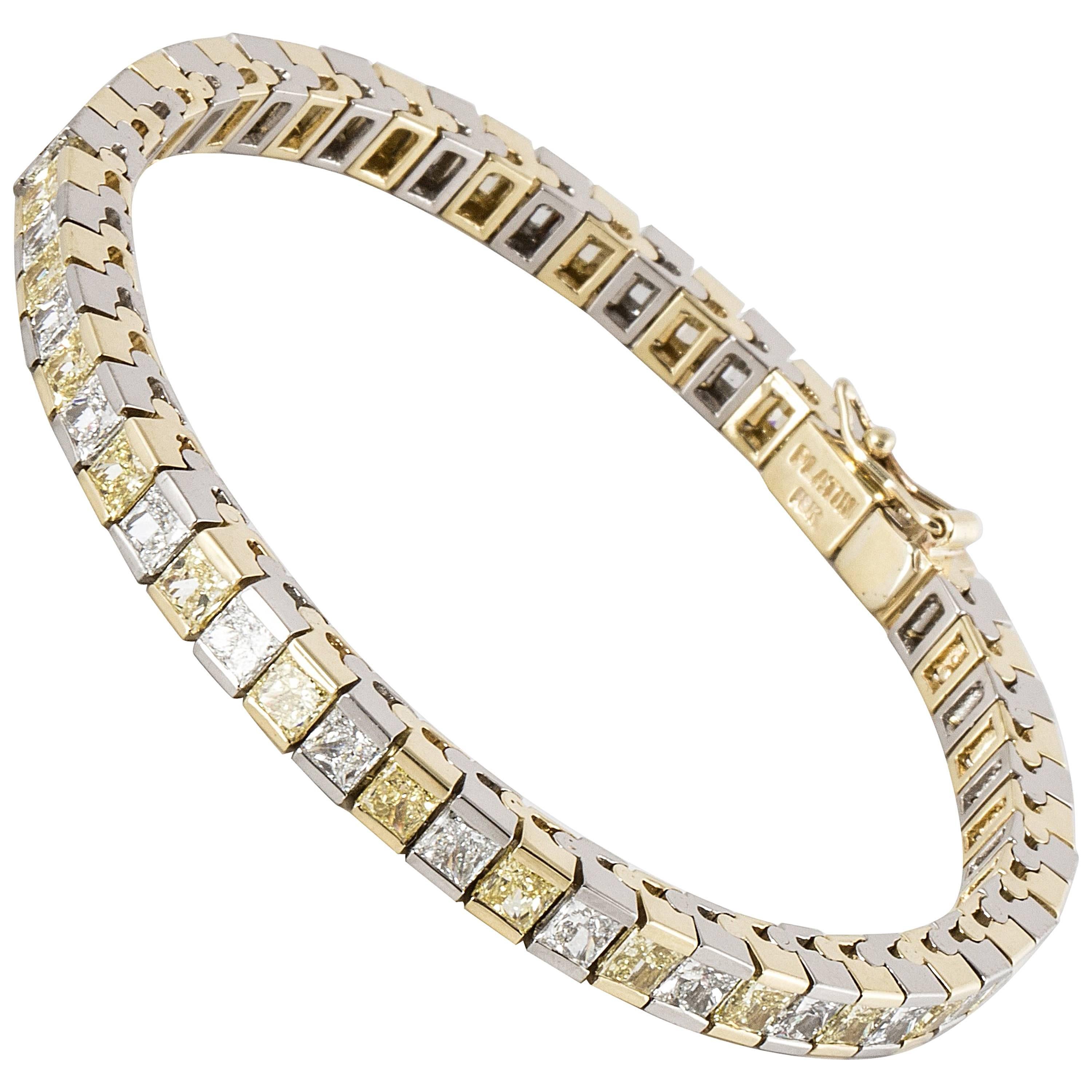 Princess -Cut Yellow and White Diamond Line Bracelet in 18K Gold