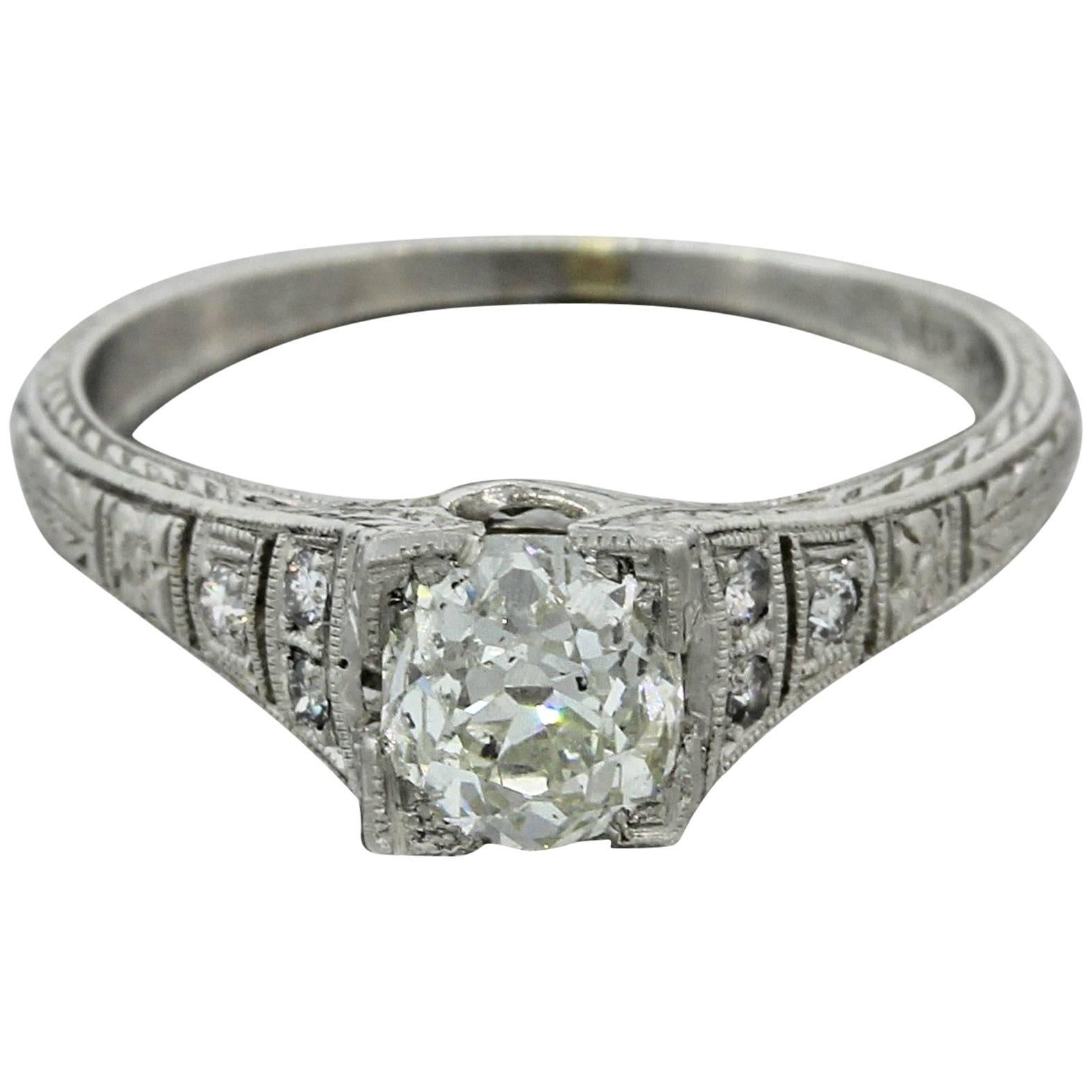 1940s Art Deco .95 Carat Old Mine Cut Diamond Platinum Engagement Ring EGL For Sale