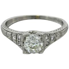 1940s Art Deco .95 Carat Old Mine Cut Diamond Platinum Engagement Ring EGL