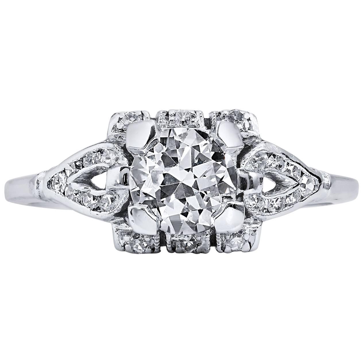 Platinum Art Deco 0.93 Carat Diamond Engagement Ring Size 5.5 For Sale