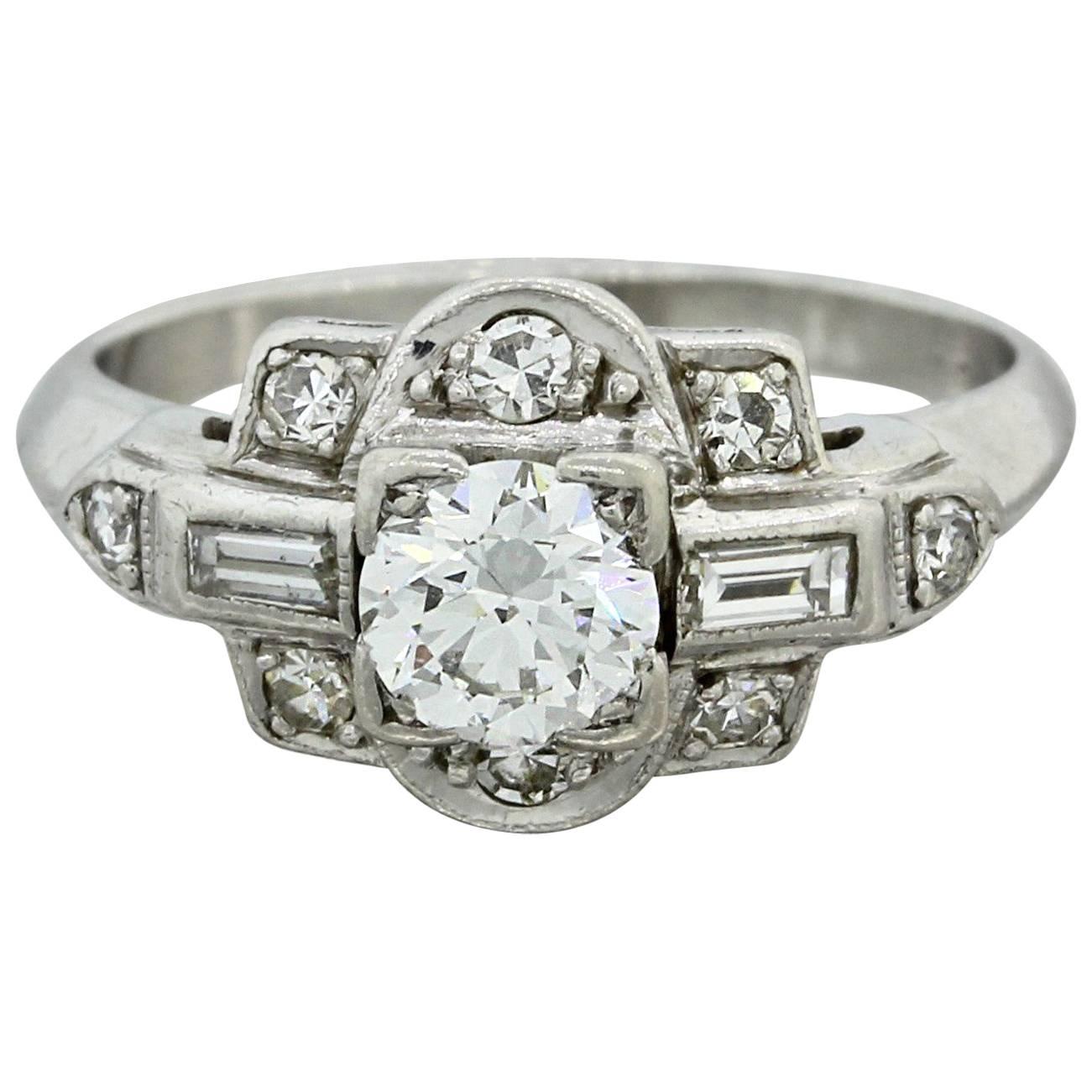 1930s Art Deco .67 Carat Diamond Solid Platinum Engagement Ring EGL For Sale