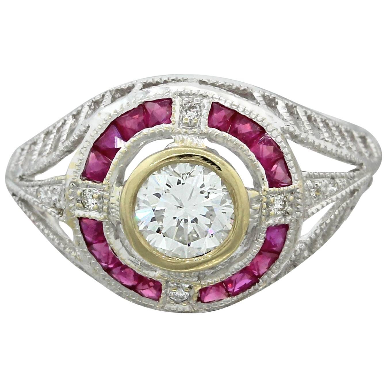 1930s Art Deco 1.05 Carat Diamond Ruby Solid Gold Engagement Ring EGL For Sale