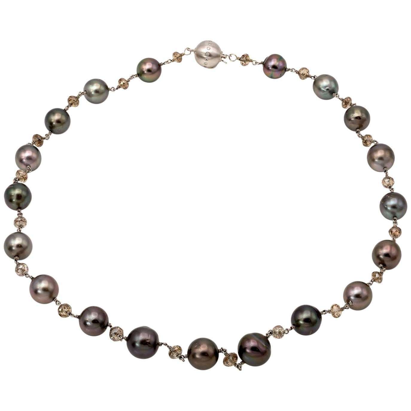 Black Tahitian Pearl and Champagne Diamond Bead Necklace in White Gold