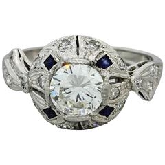 Antique 1930s Art Deco 1.05 Carat Diamond Sapphire Palladium Engagement Ring EGL